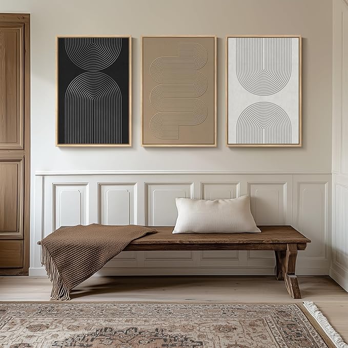 Large 3D Textured Framed Boho Neutral Abstract Wall Art, Set of 3 Modern Paintings Artwork for Walls, Black White Brown Minimalist Geometric Pictures for Living Room, Entryway, Dining Room Wall Decor