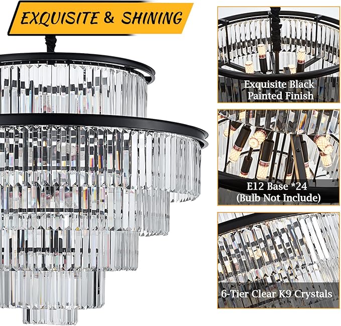 35" 24-Light Modern Crystal Chandelier Light Fixture Large 6-Tier Black Luxury Chandeliers for Dining Room Round Hanging Pendant Lighting for Living Room Kitchen Entryway Bedroom Foyer Lobby