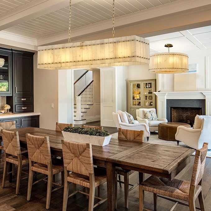 37" Round Alabaster Chandelier, Modern Dining Room Chandeliers with Adjust Height, 8-Light Marble Hanging Pendant Dining Light Fixture for Kitchen Island, Living Room, Bedroom, Foyer, Entryway