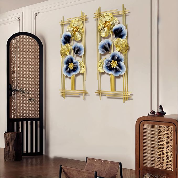 Metal 3D Wall Art Decor 2 Pcs 34" x 15" Wall Decor Handmade Golden Ginkgo Leaf Blue Flower Hanging Home Decor Wall Sculpture Modern for Living Room, Bedroom, Dining Room, Office and Hotel Large