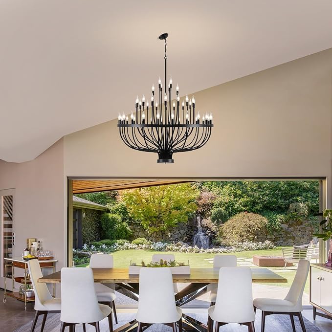 Large Black Chandelier 48 Light for High Ceilings, Big Farmhouse Wagon Wheel Chandelier for Dining Room 3-Tier 47.2 in for Hallway, Living Room, Foyer