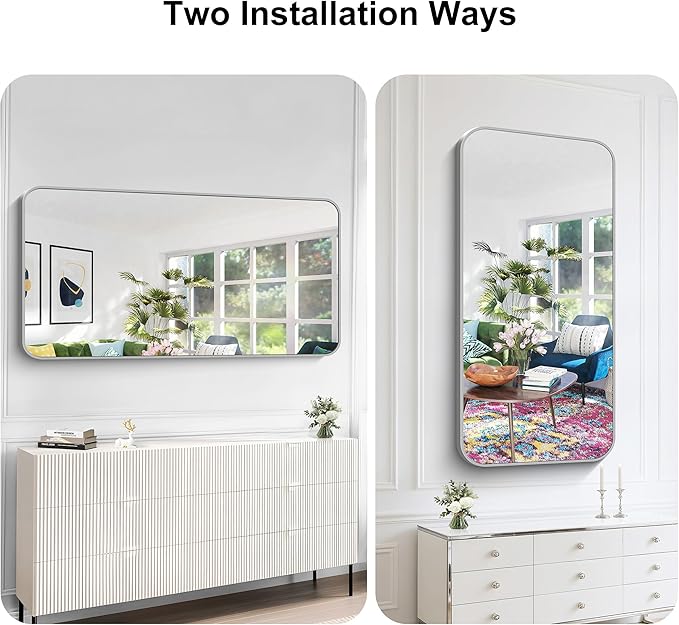 KOCUUY Silver Bathroom Mirror, 60x30 Inch Large Bathroom Mirror for Over Sink, HD Tempered Glass, Anti-Rust Brushed Silver Frame, Rounded Corner Modern Design for Bathroom, Hang Horizontal/Vertical