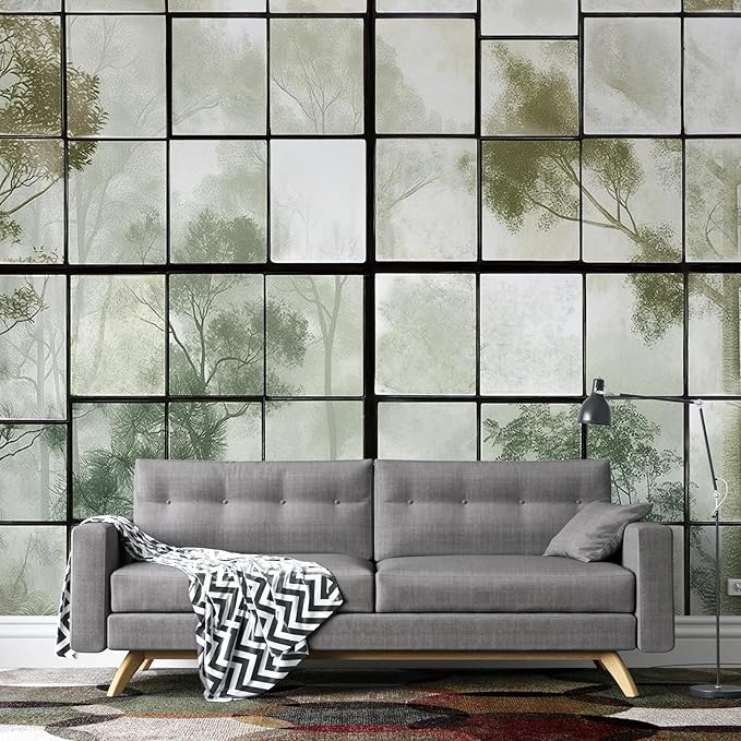 Large 3D Faux Window Wall Mural Peel and Stick 148" W x 110" H 3D Foggy Forest Glass Window Green Natural Landscape Art Decor Wallpaper for Bedroom Office Living Room Canvas Wall Paintings