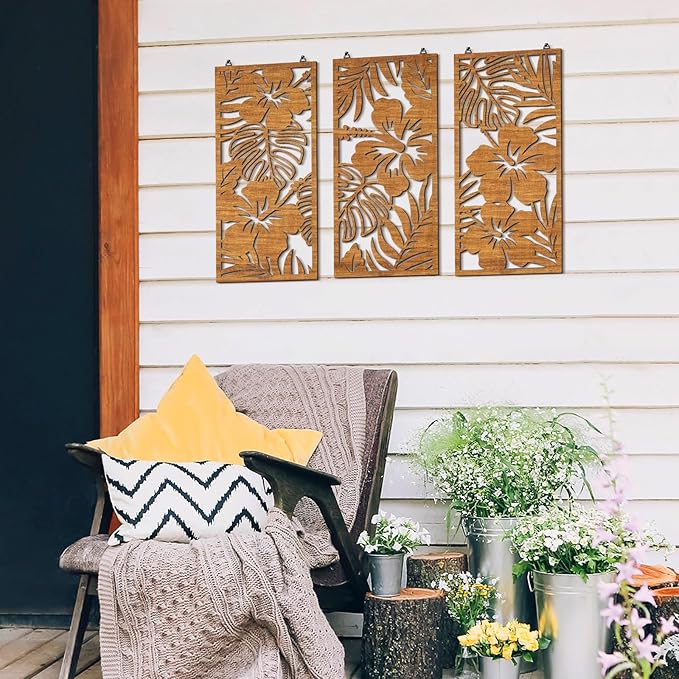 3 Pcs Tropical Wall Decor 3d Wooden Palm Leaf Wall Art Monstera Sculptures Wood Hibiscus Flowers Hanging Decor Vintage Plant Plaque for Home Bathroom 7.09 x 15.75 Inch(Classic Style)