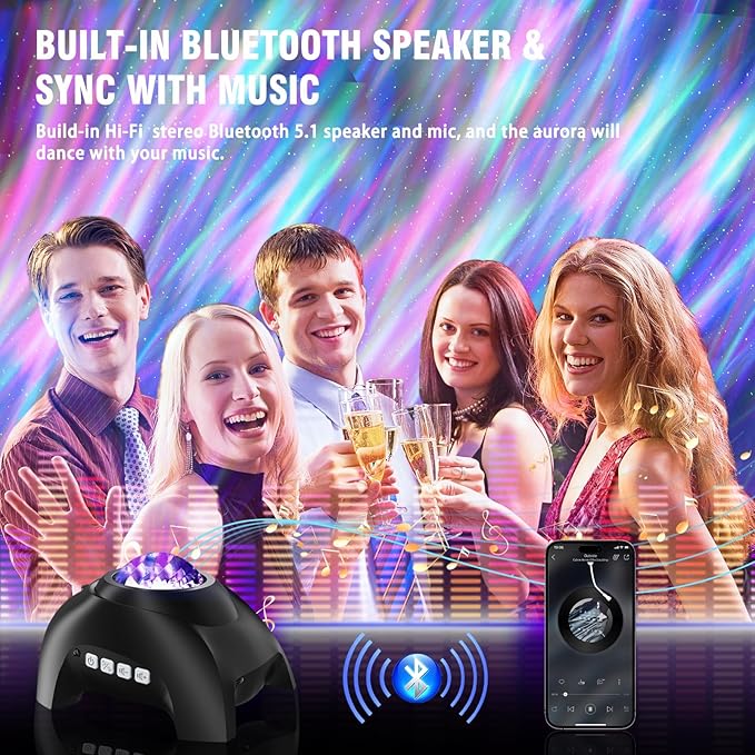 Northern Lights Aurora Projector for Bedroom with Music Bluetooth Speaker and White Noise, Galaxy Projector, Starry Night Light Projectors for Kids Adults Gaming Room