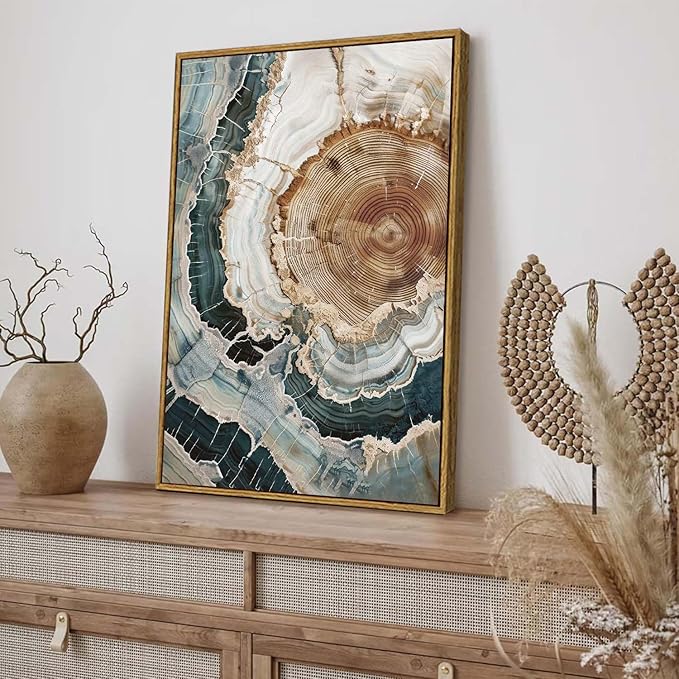 BingruiArt Framed Tree Ring Canvas Wall Art Abstract Wood Wall Decor Boho Modern Colorful Nature Painting Wood Stump Prints Pictures for Living Room Bedroom Bathroom Office 16"x24" Natural Framed(06)