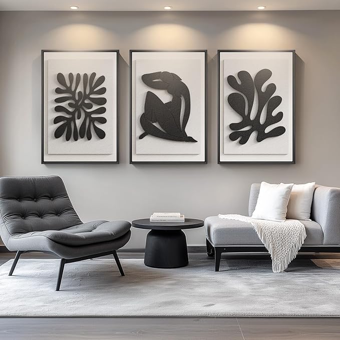 Large 3D Textured Framed Abstract Wall Art for Living Room, 3 Piece Modern Black and White Artwork for Walls, Minimalist Wall Paintings for Hallway, Stair, Office Wall Decor, 24x36 Inches