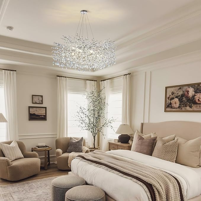 Modern Crystal Chandeliers for Dining Room, 40" Round Silver Tree Branches Chandeliers, Large Dining Room Over Table Chandeliers Lights Fixture, Branches and Crystals Ceiling Light Fixtures