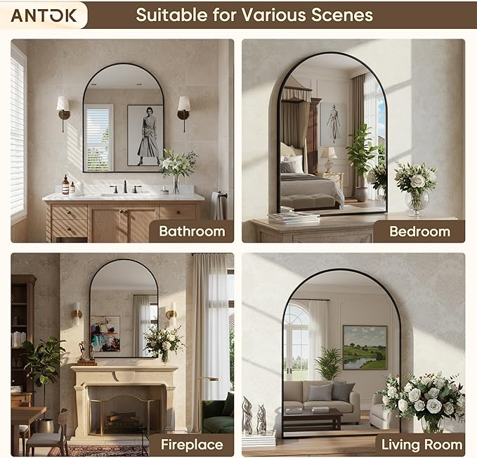 Antok Wall Mirror, 20"x30" Bathroom Vanity Mirror, Anti-Rust HD Tempered Glass, Wall Mounted Mirrors for Living Room, Entryway, Black Frame, Arched