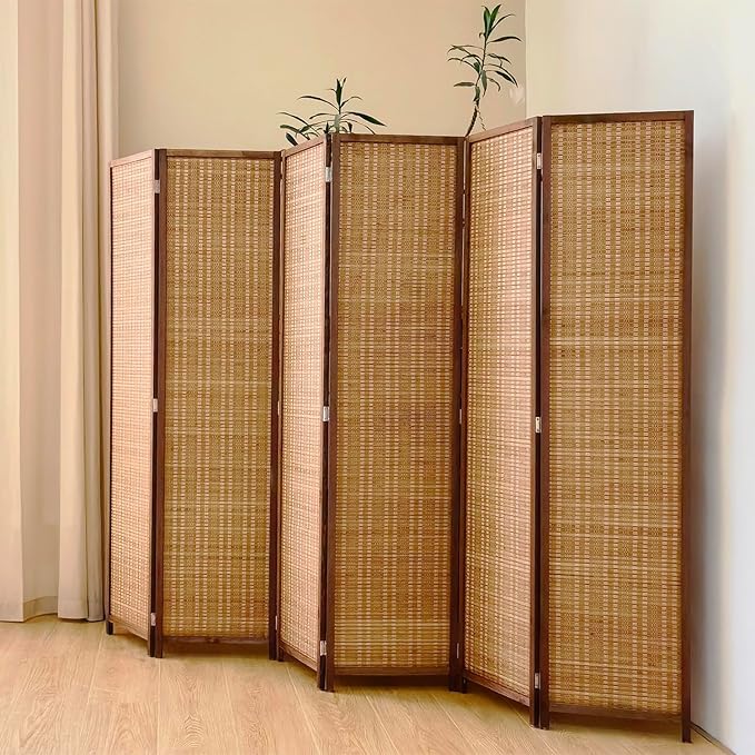 6 Panel Room Divider Screen,5.6 FT Tall Bamboo Divider Folding Privacy Screen,Freestanding Room Divider for Room Seperation,Brown