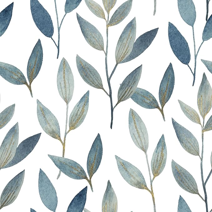 Blue and Gold Leaf Peel and Stick Wallpaper Waterproof Removable Self Adhesive Vinyl Contact Paper for Walls Boho Modern Decor for Bathroom Bedroom or Living Room 17.7" x 70.8"