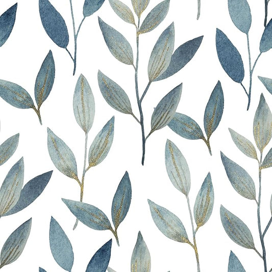 Blue and Gold Leaf Peel and Stick Wallpaper Waterproof Removable Self Adhesive Vinyl Contact Paper for Walls Boho Modern Decor for Bathroom Bedroom or Living Room 17.7" x 70.8"