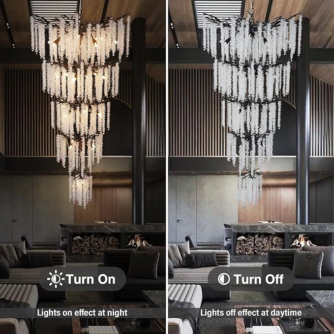 118'' Black Branch High Ceiling Chandelier, 28-Light Modern Long Tree Chandeliers, 3CCT Dimmable, Large Luxury Foyer Chandelier, Raindrop K9 Crystals Fixtures for Staircase, Entryway, Living Room