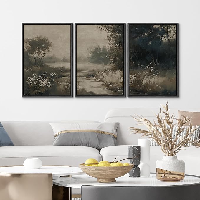 MUDECOR Framed Wall Art Print Set Vintage Landscape Subtle Forest and River in Earthy Tones Illustrations Modern Art Boho Decorative Colorful Chic for Living Room, Bedroom, Office - 16"x24"x3 Black