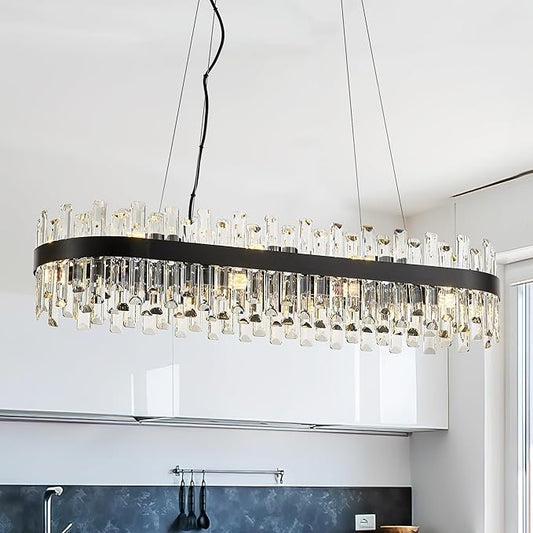 39" Modern Black Rectangle Crystal Chandelier Light Fixtures for Kitchen Island Luxury Linear Crystal Chandeliers for Dining Room 16-Light Long Hanging Pendant Lighting for Entryway Foyer Bar