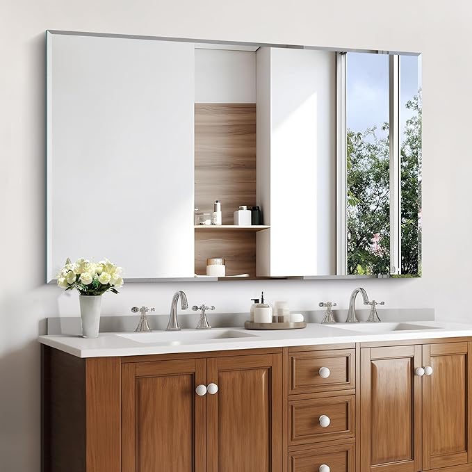 KOCUUY Beveled Mirror, 55x36 Inch Large Frameless Bathroom Mirror for Over Sink, Upgraded Shatterproof Beveled Unframed Design Mirror for Bathroom, Bedroom, Hang Horizontal/Vertical