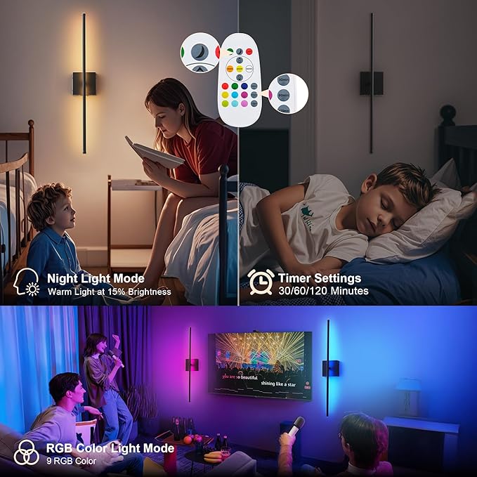 Battery Operated Wireless Wall Sconces Set of Two, with Remote, Dimmable, Warm White/Natural White/Daylight/RGB, 350°Rotate, LED Black Wireless Wall Light for Living Room, Bedroom, 24.4 Inch