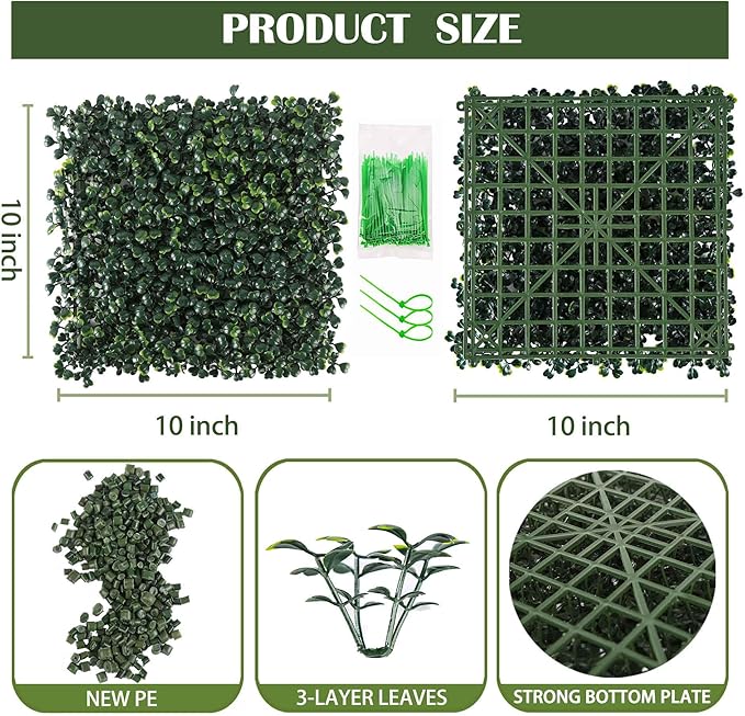 24PCS 10"x 10" Artificial Boxwood Wall Panels, UV-Anti Grass Wall Hedge Plant Panels for Indoor Outdoor Green Wall Decor Ivy Fence Covering Privacy