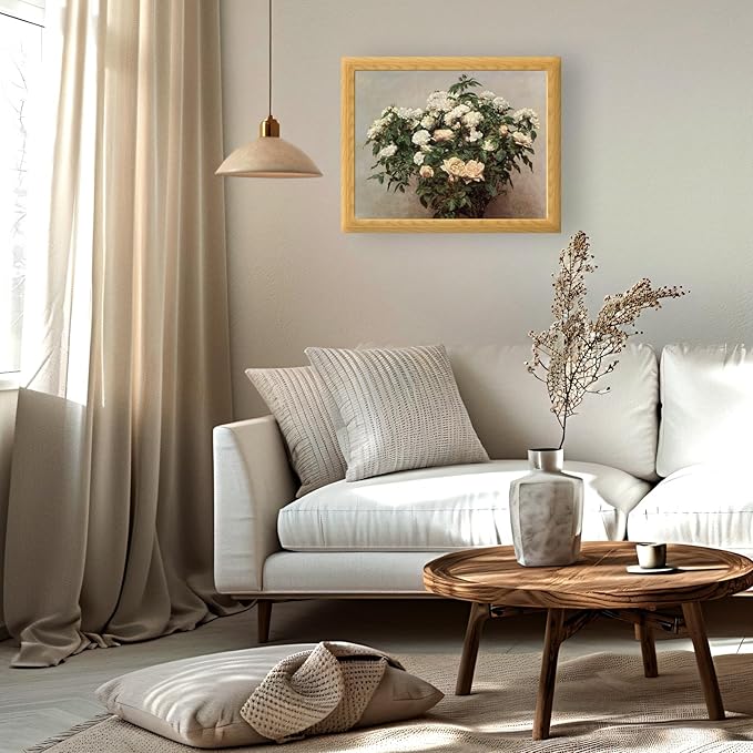 Brivoria Framed Canvas Wall Art Vintage Decor, Realistic Botanical Rose Tree Artwork with Blooming White Flowers and Green Leaves for Living Room Statement Wall or Gallery Display, 16"x20"