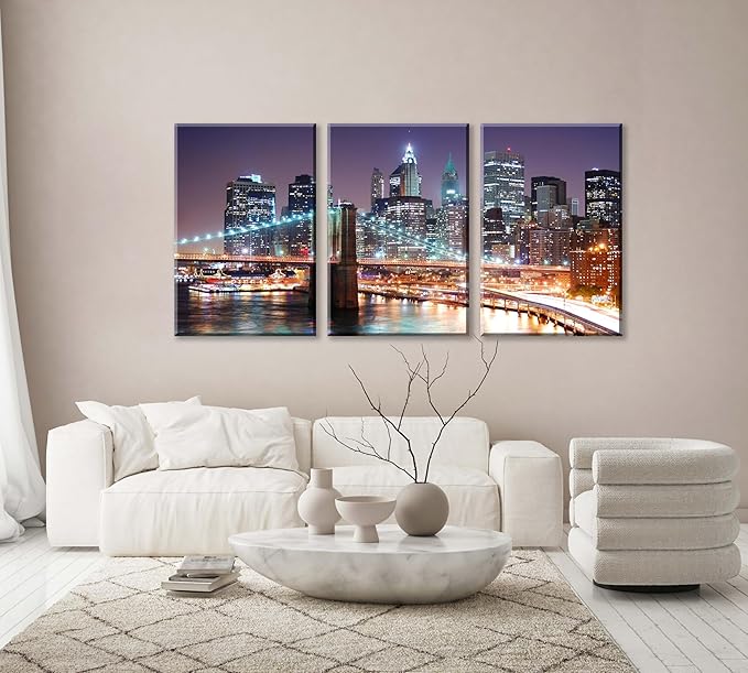 3Pcs 20X30inches New York City Skyline Canvas Wall Art Brooklyn Bridge Night View Framed Wall Decor Blue Purple Manhattan Urban Cityscape Picture Canvas Artwork Modern Home Decor Living Room Office