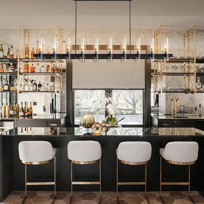 Black Rectangle Kitchen Island Lights, Farmhouse Linear Rectangular Chandelier with Glass Shades, 20 Lights Lighting Fixtures Industrial Pendant Light for Dining Room Over Table