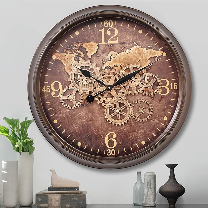 CLXEAST 24 Inch Large Wall Clock with Moving Gears, Industrial Clocks with World Map Dial, Oversized Cool Wall Clock for Living Room Decor,Oil Rubbed Bronze Brown