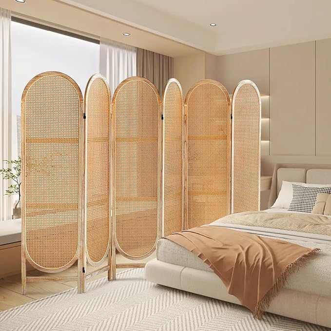 6 Panels Wood Room Divider and Folding Privacy Screens, Hand-Woven Rattan Room Dividers Panel, Room Divider Wall Freestanding Room Partitions Screen for Home Office Bedroom, Light Brown