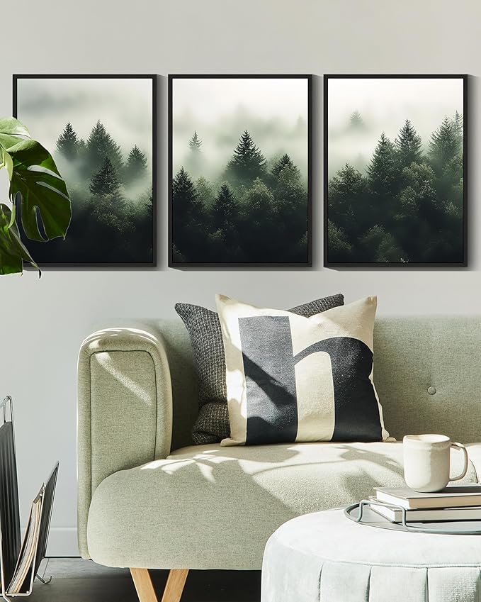 KUVIOKE Green Fog Pine Tree Framed Wall Art Nature Nordic Forests Artwork Morden Painting Home Decor 11x14in (Black Framed)