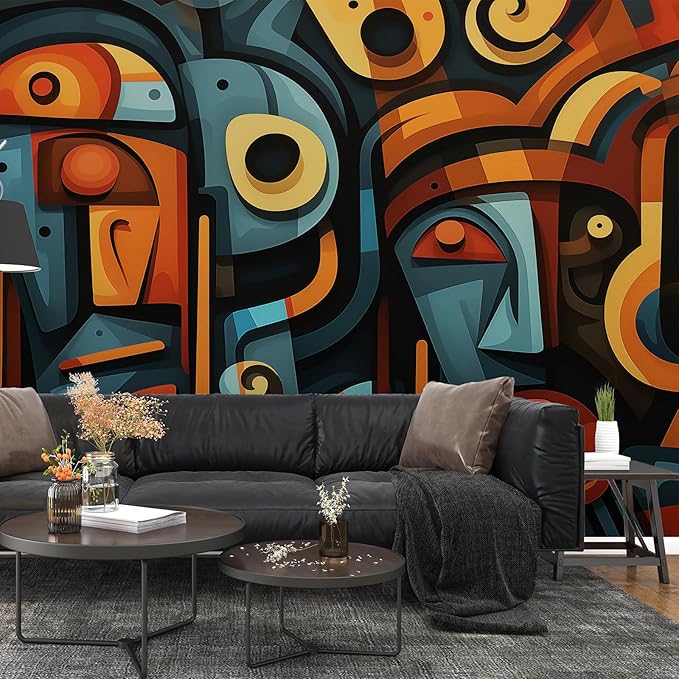Large Colorful Wall Murals Peel and Stick Orange Blue 3D Mayan Wallpaper 148" W x 98" H Removable Modern Metallic Wall Paper Abstract Art Decor Canvas Home Wall Art for Living Room Background