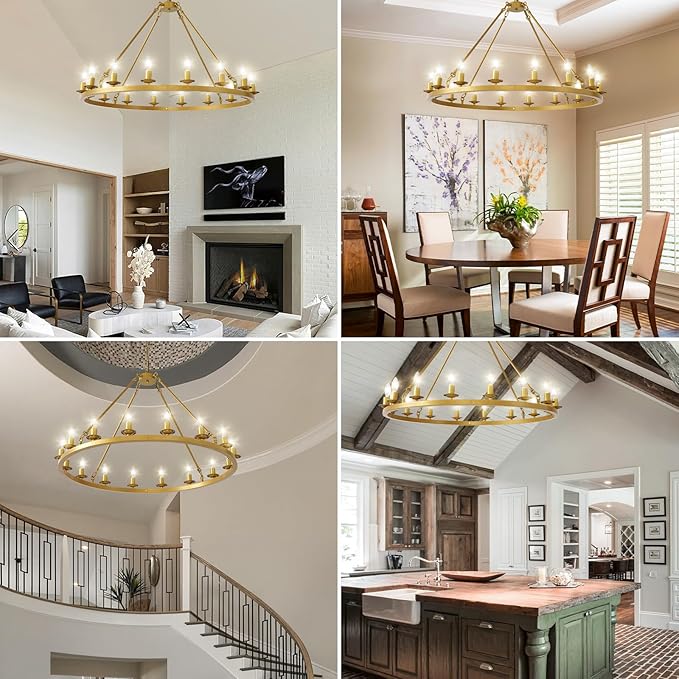 40in Gold Wagon Wheel Chandelier, 16 Light Farmhouse Large Chandelier Round Modern Rustic Industrial Adjustable Height for High Ceiling Living Room, Entryways, Foyer, Staircases, Dining Room