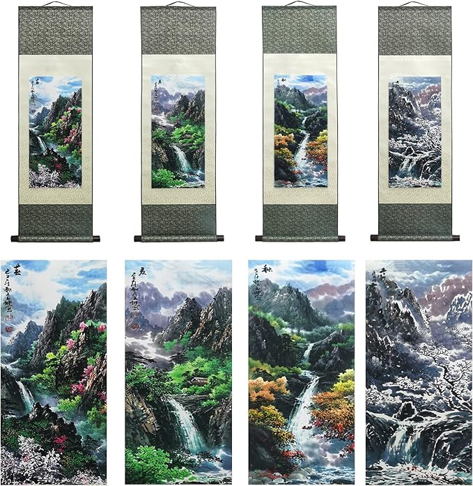 AtfArt Asian Wall Decor - Beautiful Silk Scroll Painting: Four Seasons Landscape - Summer, Autumn, Winter-Spring - Oriental Decor - Chinese Art Wall Scroll - 39 x 12in (Four Piece)