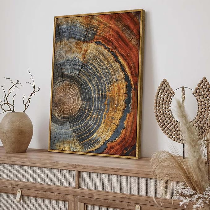 BingruiArt Framed Tree Ring Canvas Wall Art Red and Gold Abstract Wood Wall Decor Boho Modern Colorful Nature Prints Pictures Poster for Living Room Bedroom Bathroom Office 16"x24" Natural Framed(03)