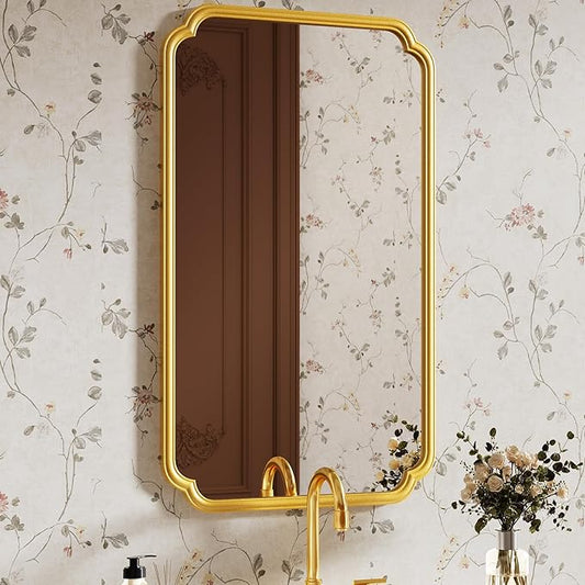 26"x40" Rustproof Bathroom Mirror Gold, Round Corner Metal Frame Wall Mirror, Horizontal/Vertical Hanging Over Sink, Bedroom Bathroom Decor
