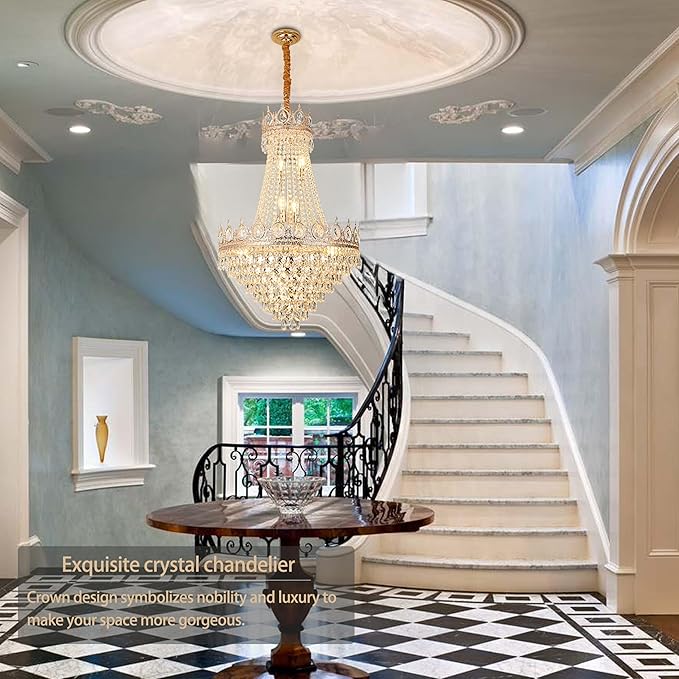 KoKo&Yukina Gold 23.6" French Empire Crystal Chandelier 14 Lights K9 Crystal Chandeliers Modern Farmhouse Crystal Chandeliers Adjustable Hanging Chandelier for Living Room Dining Room Bedroom