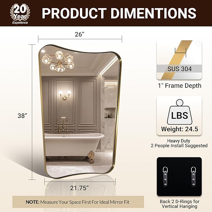 ANDY STAR Gold Vanity Mirror, 26x38 Inch Brushed Gold Asymmetrical Wall Mirror, Antique Brass Bathroom Mirror in Anti-Rust Stainless Steel Metal Frame, Large Decorative Mirror, Butterfly Shape