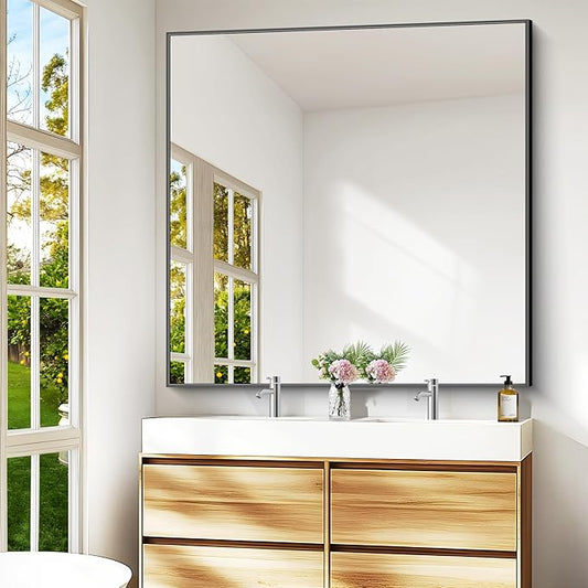 BONEWEI Bathroom Mirror,48x48 inch Large Wall Mirror for Bathroom Wall Mounted,Black Rectangle Wall Mirrors,Square Mirror for Living Room,Farmhouse, Bedroom Entryway, Horizontal/Vertical