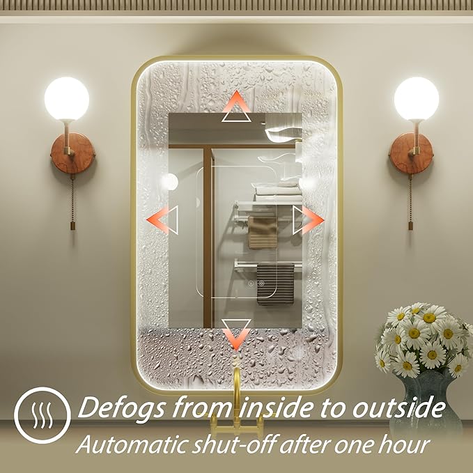 24x36 Inch Gold LED Bathroom Mirror with Lights, Adjustable 3000K/4500K/6000K, Wall Mounted Lighted Bathroom Vanity Mirror, Stepless Dimmable, Anti-Fog, Memory, Horizontal/Vertical