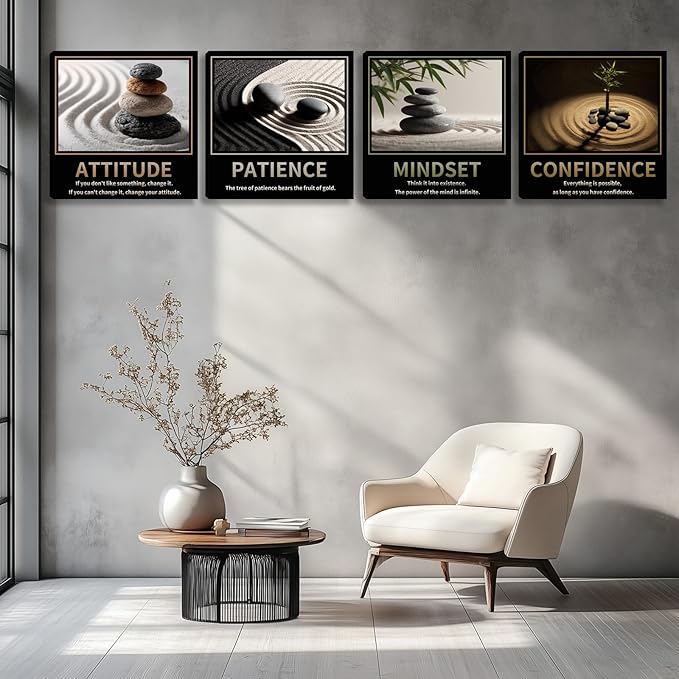 Kuiluuye Motivational Wall Decor Inspirational Zen Canvas Wall Art for Living Room Zen Stone Green Plant Picture for Office Workplace Painting Poster Artwork