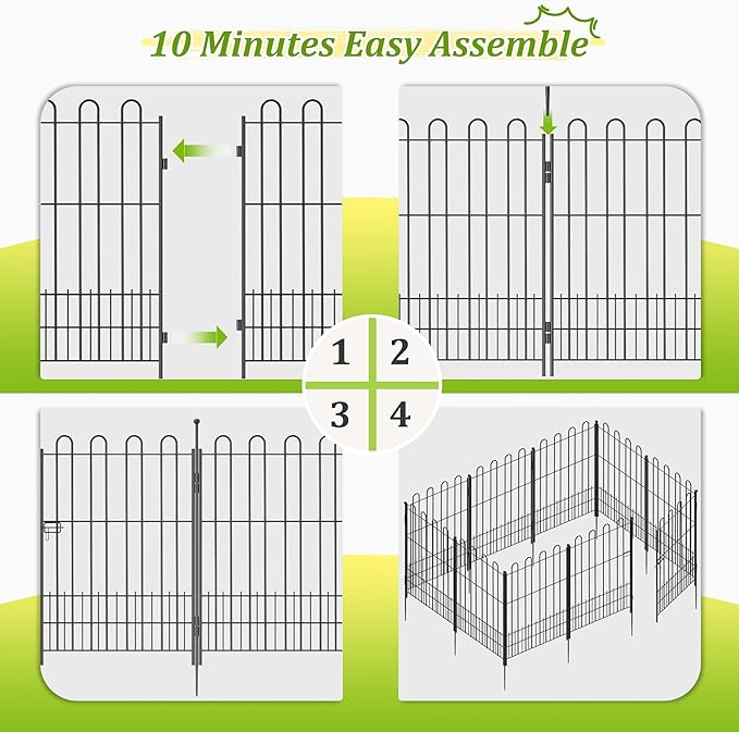 Bepatio Tall Garden Fence Animal Barrier with Gate, 39.5in (H) x 11.5ft (L) 5 Panels Decorative Dog Fence Outdoor for Yard, Heavy Duty Metal Fence Border, Flower Bed, Easy Setup, Black