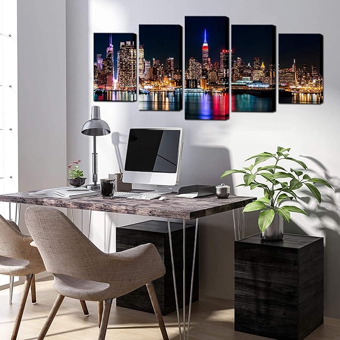Biuteawal - New York City Canvas Wall Art Manhattan Skyline at Night Picture Prints Modern Home Office Wall Decoration Stretched Ready to Hang