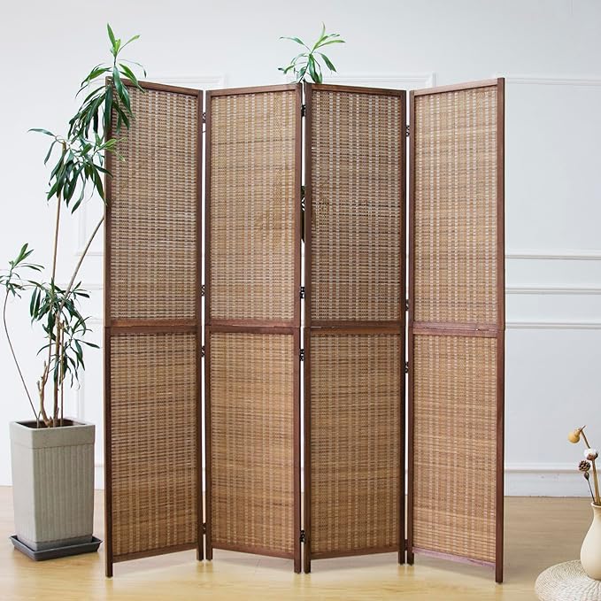 4 Panel Bamboo Room Divider and Folding Screen Divider,Two in One Detachable and Foldable Panel Divider for Room Separation,Brown,67" H x 61.4" W
