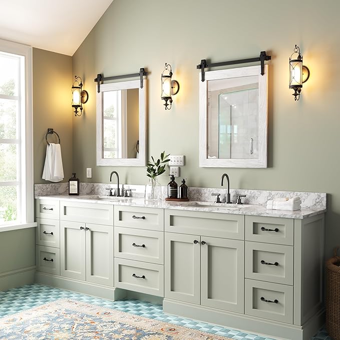 Bathroom Mirror for Over Sink 18”x24” Farmhouse Barn Door Mirror Rustic Wood Framed Wall Mirror for Bathroom, Bedroom, Entryway (White