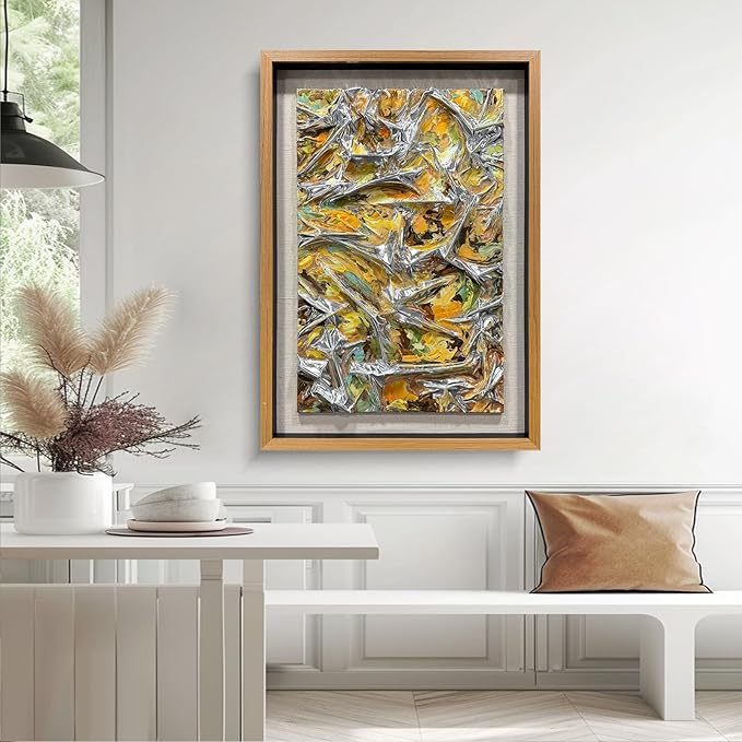 BrightA Textured silver leather abstract art - vibrant spray-painted fluid colors (yellow/orange/green) with solid wood frames, modern wall sculptures, contemporary living room 31.5"x47.2"
