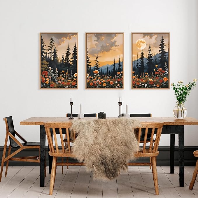 KAIRNE Mountain Forest Landscape Framed Wall Art Set of 3, Nature Full Moon Pine Tree Scenery Wall Decor, Vintage Boho Sunset Flowers for Living Room Bedroom Office - 16×24inch