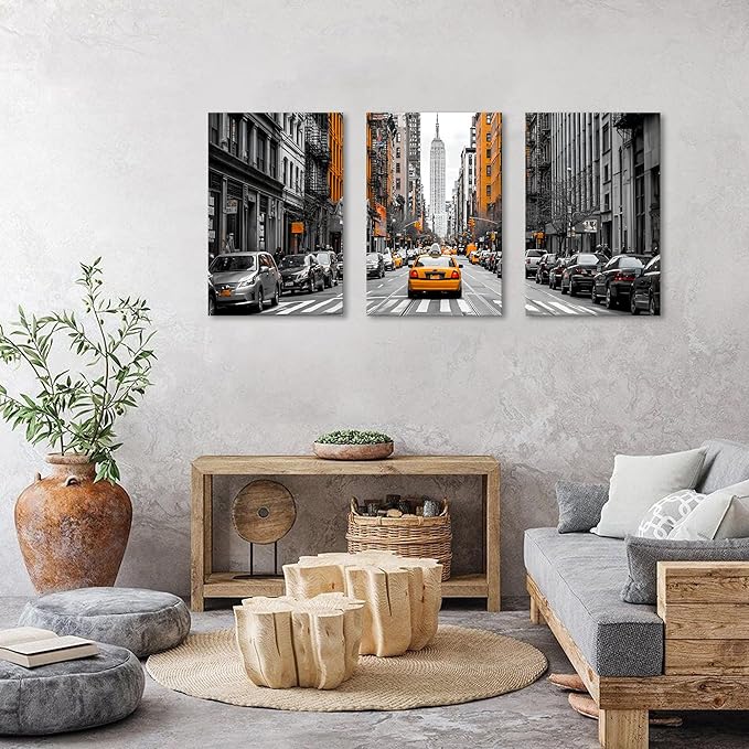 Black and White Nyc Wall Art Living Room Bedroom Wall Decor Cityscape Orange Taxi Framed Canvas Contemporary Street Car Poster Print City Photography Photo Man Bathroom Interior Decoration 24x36 3pcs