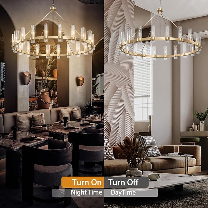 60" Gold Wagon Wheel Chandelier, Large 20-Light Farmhouse Round Pendant Light Fixture with Glass Shade, Hanging High Ceilings Chandeliers for Dining Room Kitchen Foyer Entryway Living Room