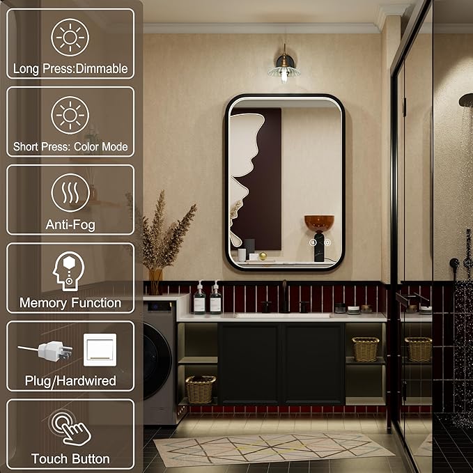 16x24 Inch Black Frame LED Bathroom Mirror with Lights, Adjustable 3000K/4500K/6000K, Wall Mounted Lighted Bathroom Vanity Mirrors, Anti-Fog, Dimmable, Memory Funtiom, Horizontal/Vertical