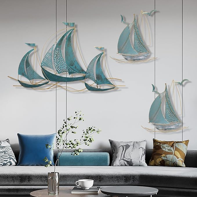 3 PCS Metal Wall Art, Large Metal Sailboat Wall Decor, Modern Home Wall Sculpture for Office, Bedroom, Living Room, Dining Room
