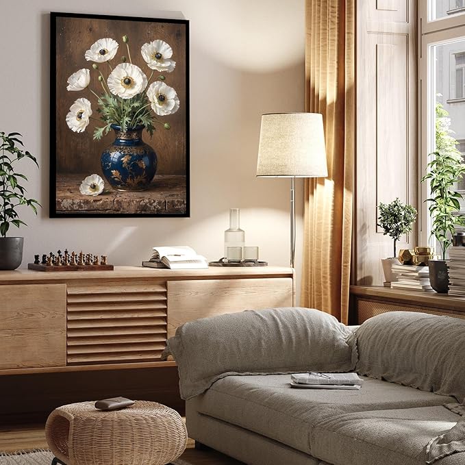 Vintage white poppy flowers canvas painting ornate blue vase gold floral pattern rustic textured wood background ruffled petals green leaves vertical composition botanical wall art home decor