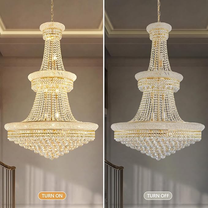 19-Lights Gold Large Crystal Chandelier Light Fixture, 3-Layer Luxury Empire Chandeliers Modern High Ceiling Hanging Chandelier for Living Room,Foyer,Staircase,Entryway (Gold,D31.5 x H47)
